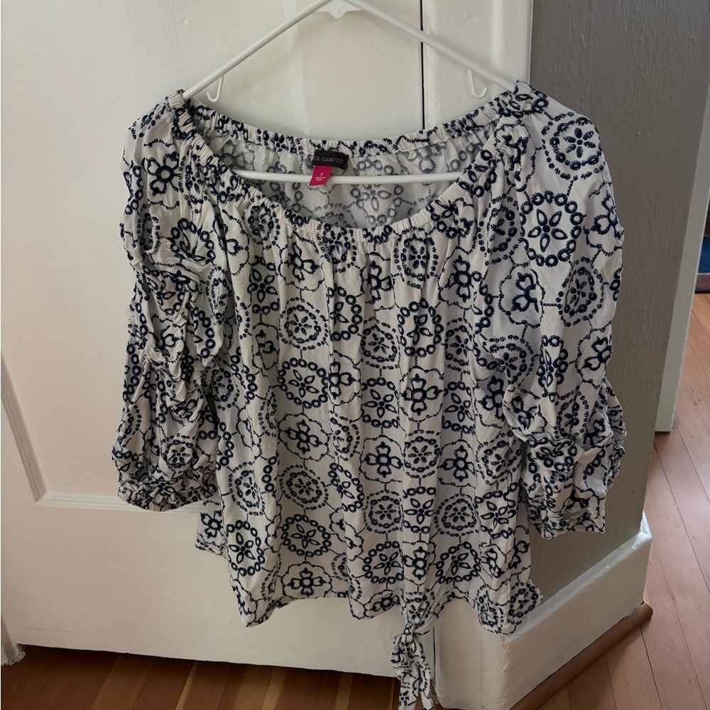 Vince Camuto Blue and White Tie Front Blouse